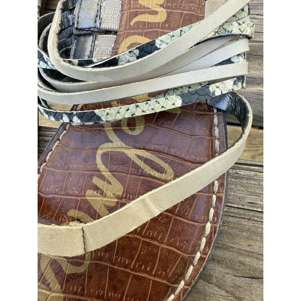 Sam Edelman Gwennie Sandals Women's 8.5 Beige Leather Snakeskin Strappy Thong